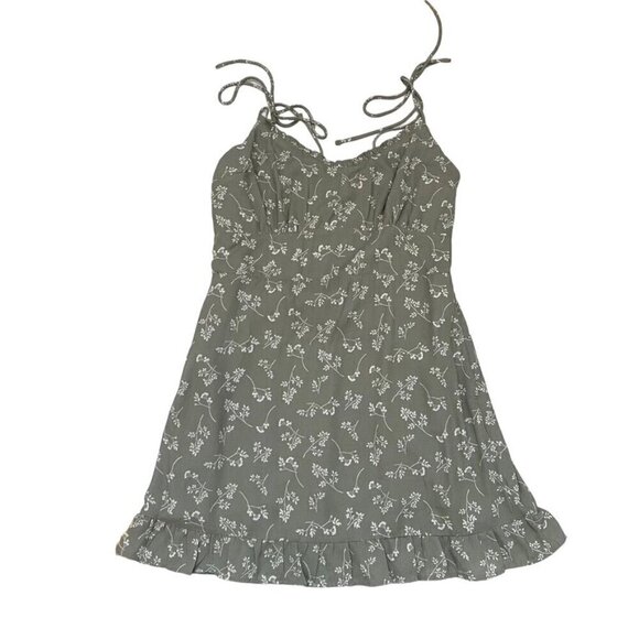 Abercrombie & Fitch Sage Green Floral Shoulder Tie Mini Dress Pockets Size Med - Picture 7 of 8